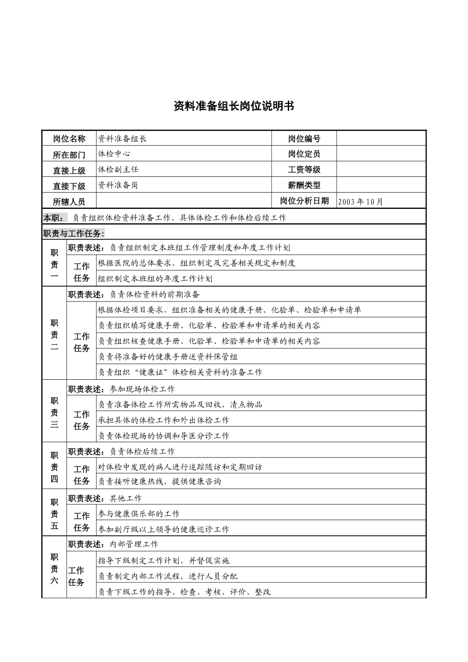 湖北新华医院体检中心资料准备组长岗位说明书_第1页