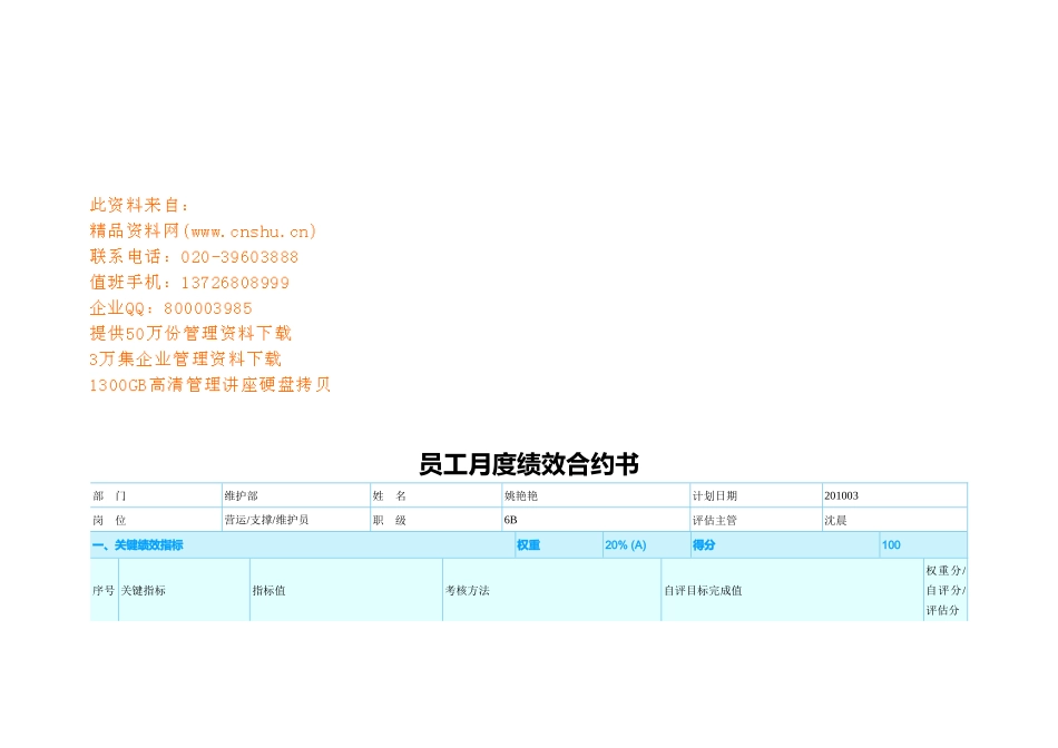 公司员工月度绩效合约书_第1页