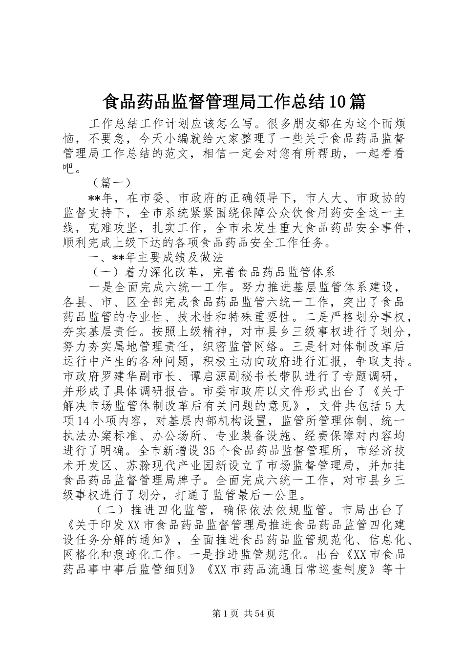 食品药品监督管理局工作总结10篇_第1页