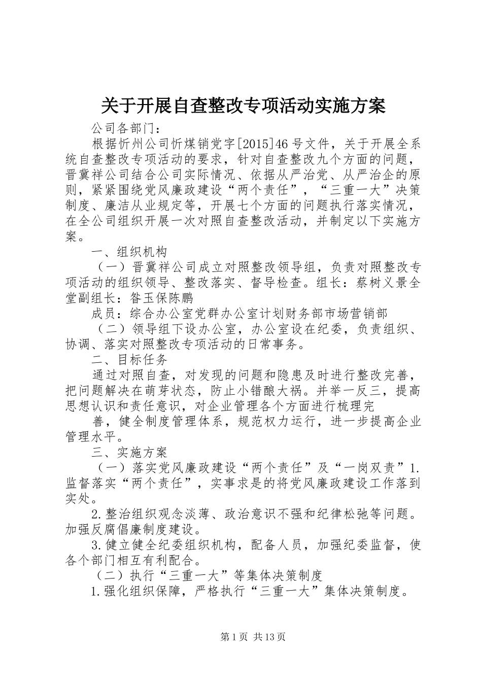 关于开展自查整改专项活动方案_第1页