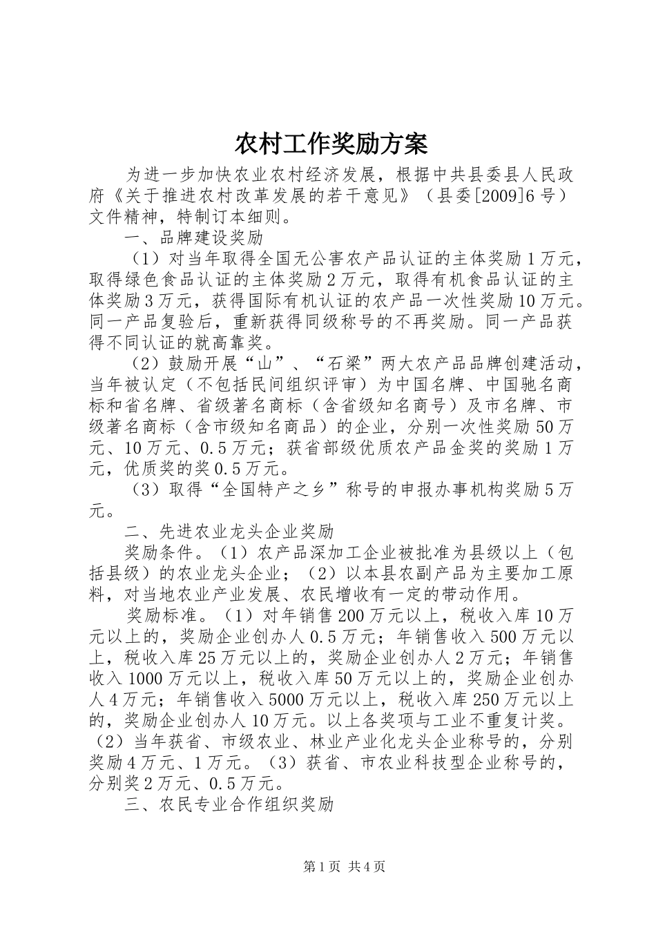 农村工作奖励方案_第1页
