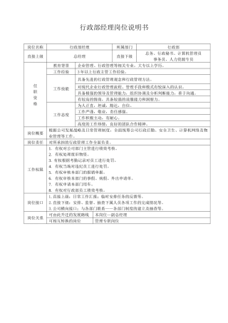 行政部经理岗位说明书