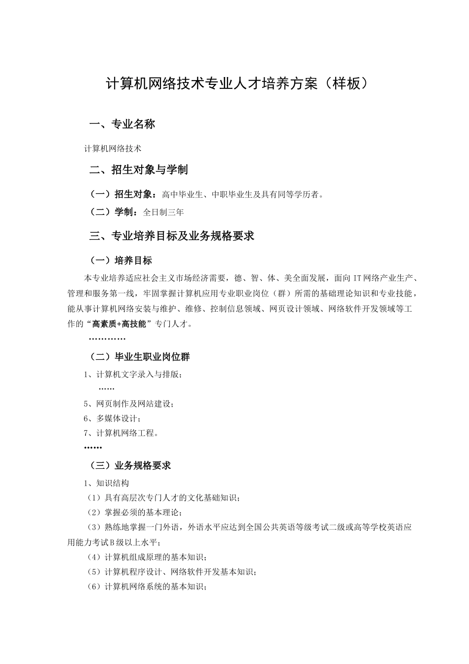 计算机网络技术专业人才培养方案(样板)_第1页