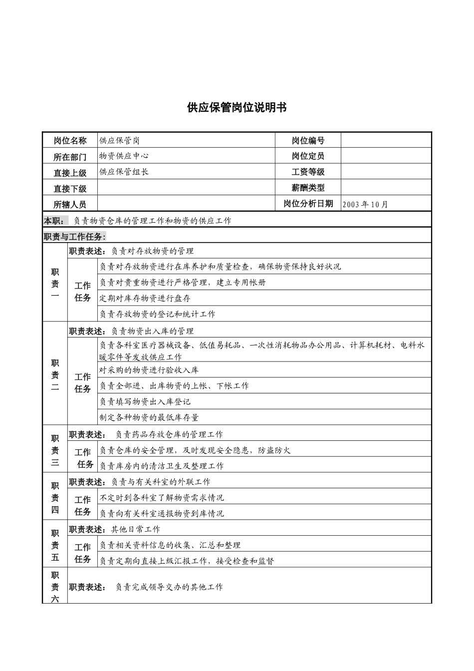 湖北新华医院物资供应中心供应保管岗位说明书_第1页
