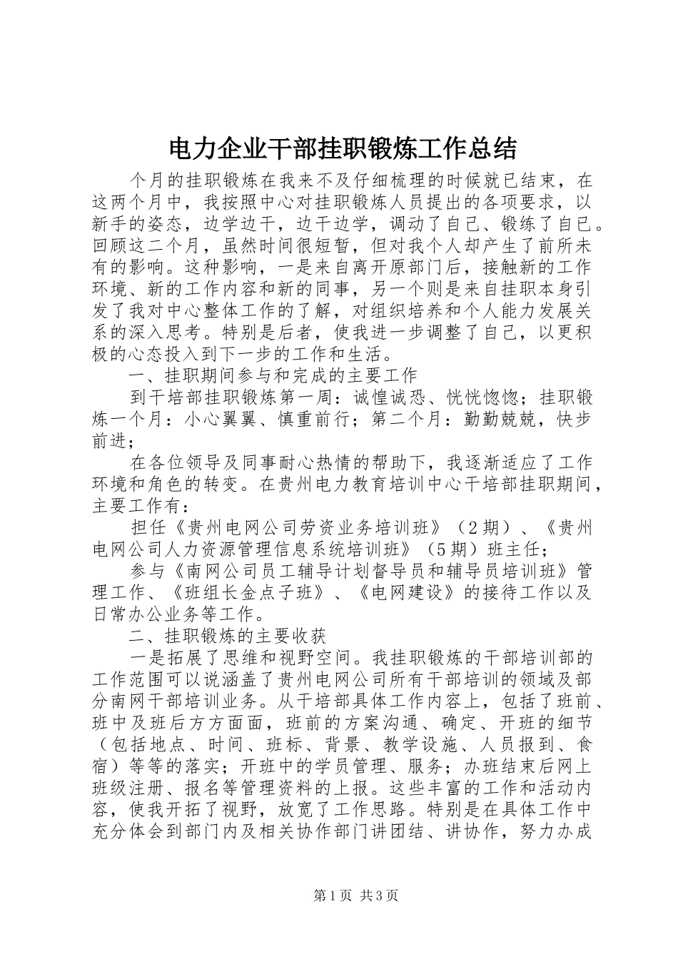 电力企业干部挂职锻炼工作总结_第1页