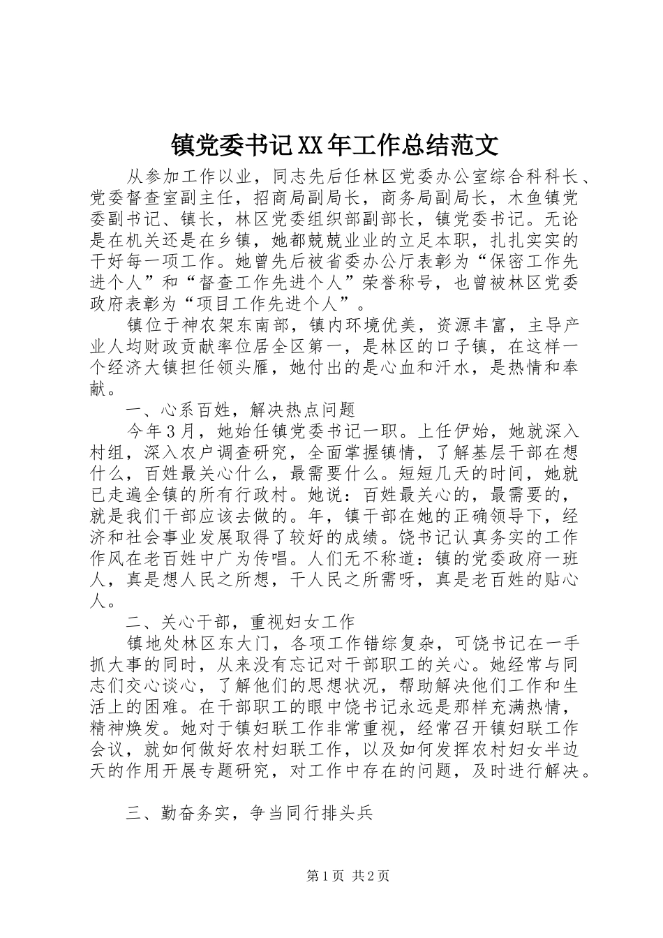 镇党委书记XX年工作总结范文_第1页