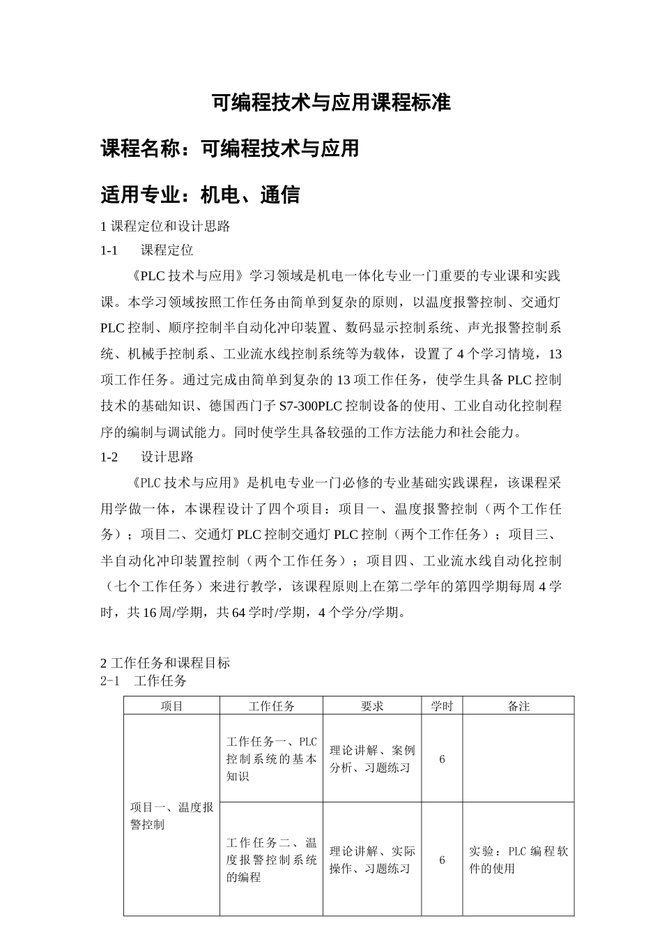 PLC技术与应用课程标准_第1页