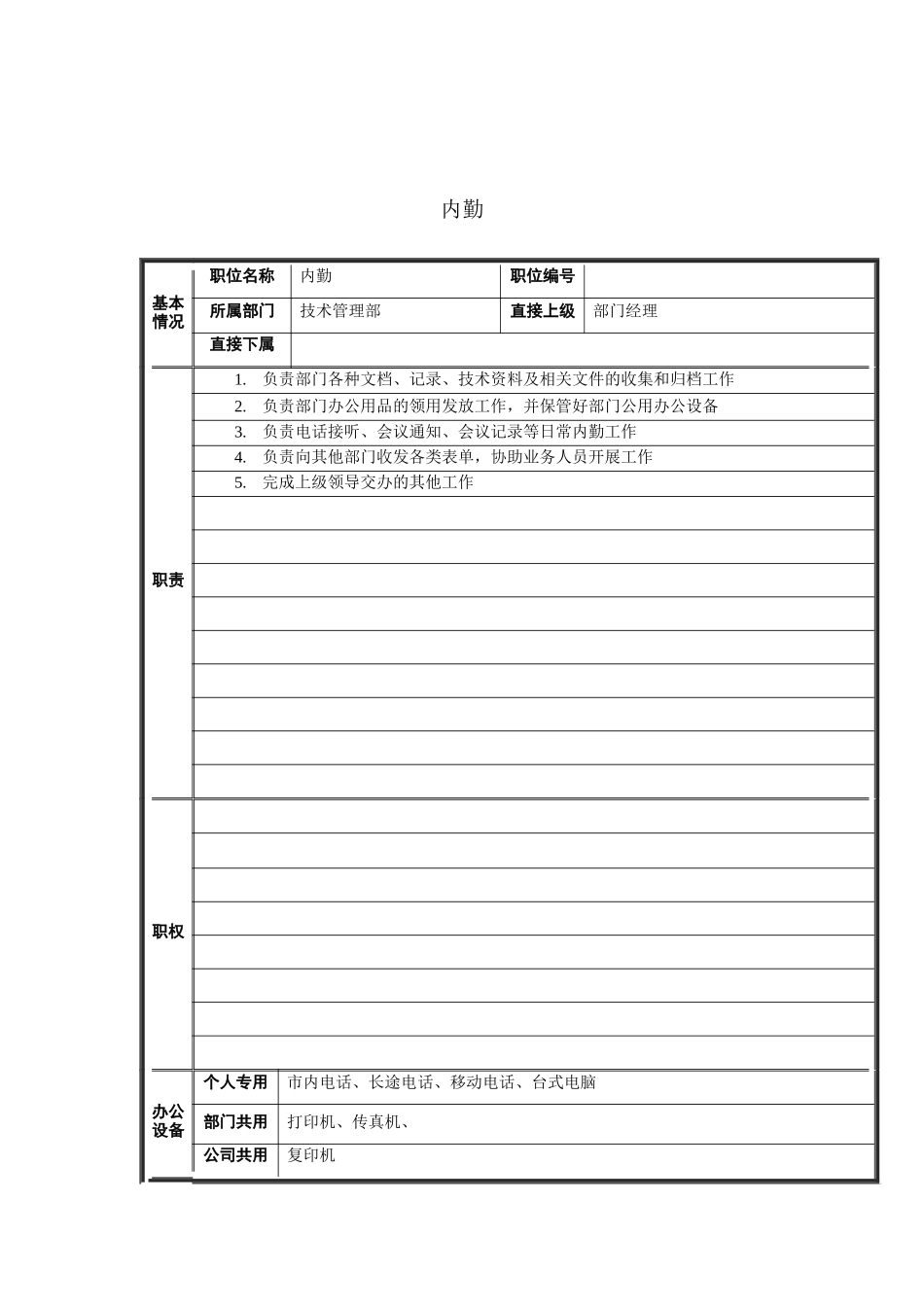 技术管理部内勤岗位说明书_第1页