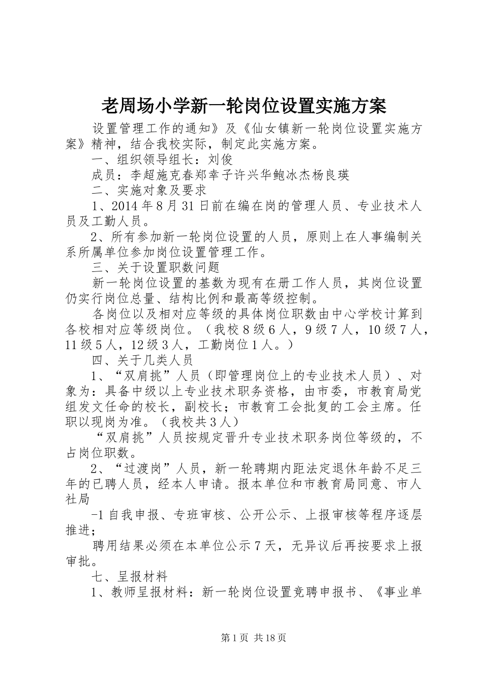 老周场小学新一轮岗位设置方案_第1页