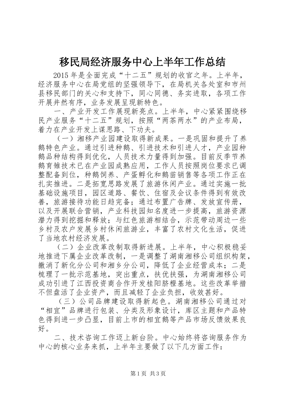 移民局经济服务中心上半年工作总结_第1页