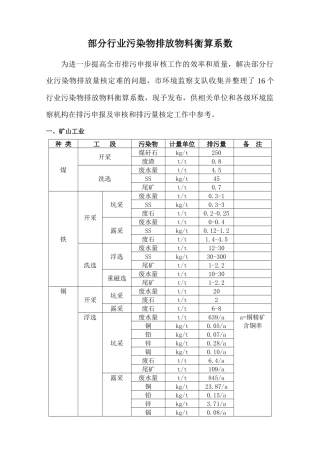 部分行业污染物排放物料衡算系数