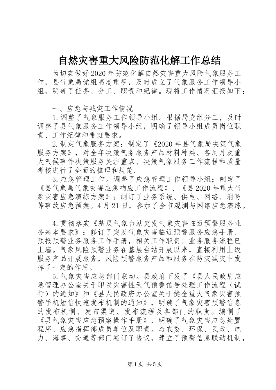 自然灾害重大风险防范化解工作总结_第1页