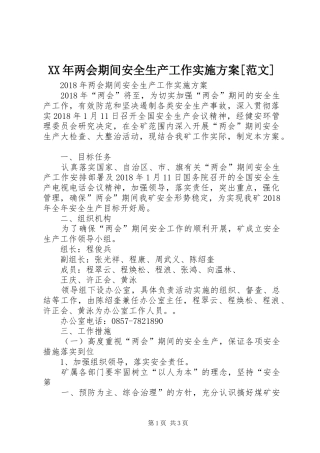XX年两会期间安全生产工作方案[范文]