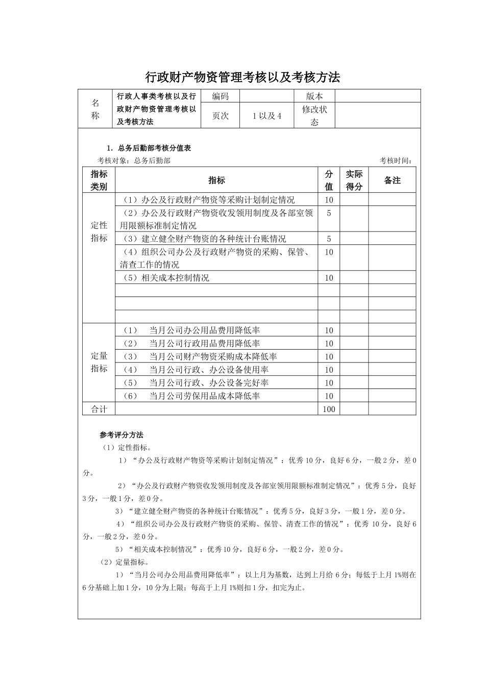 行政财产物资管理考核以及考核方_第1页