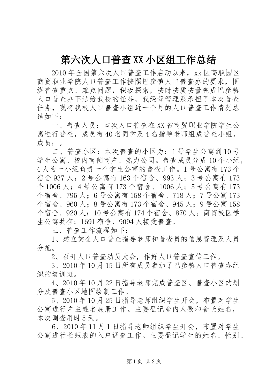 第六次人口普查XX小区组工作总结_第1页