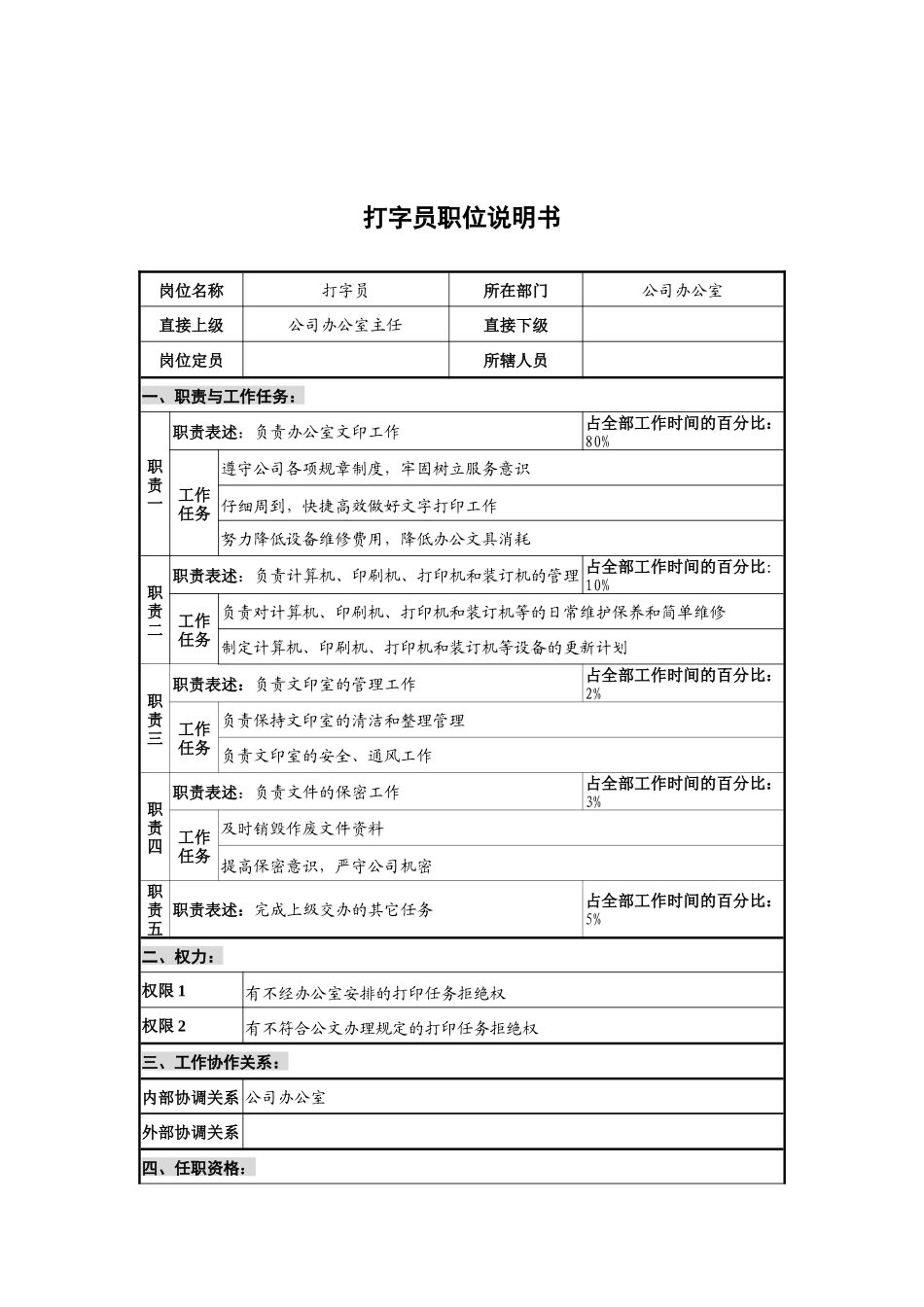 华北光学仪器公司办公室打字员职位说明书_第1页