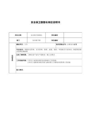 广船国际安全保卫部部长岗位说明书