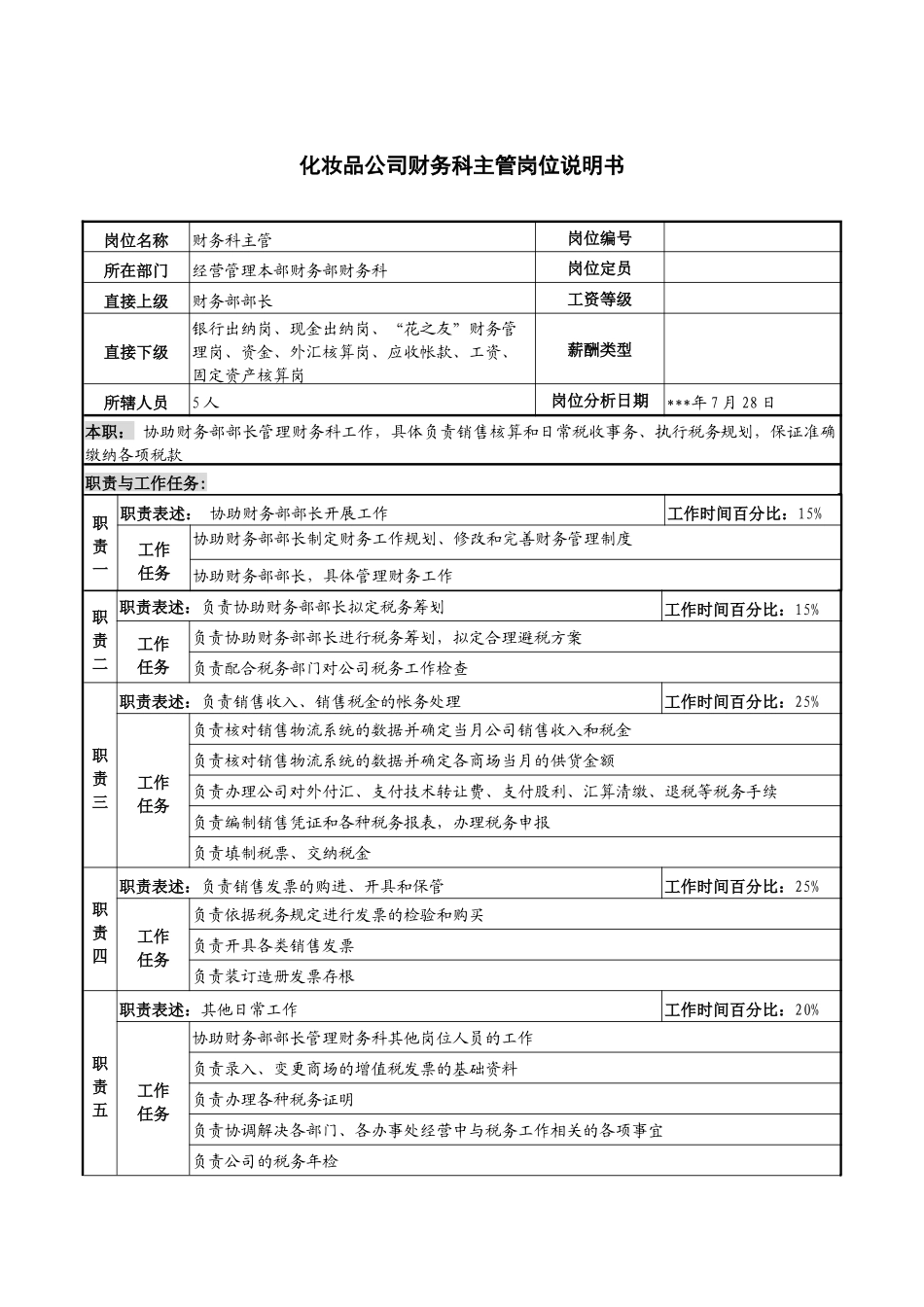 化妆品公司财务科主管岗位说明书_第1页