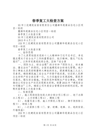 春季复工大检查实施方案