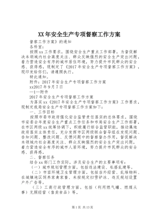 XX年安全生产专项督察工作实施方案