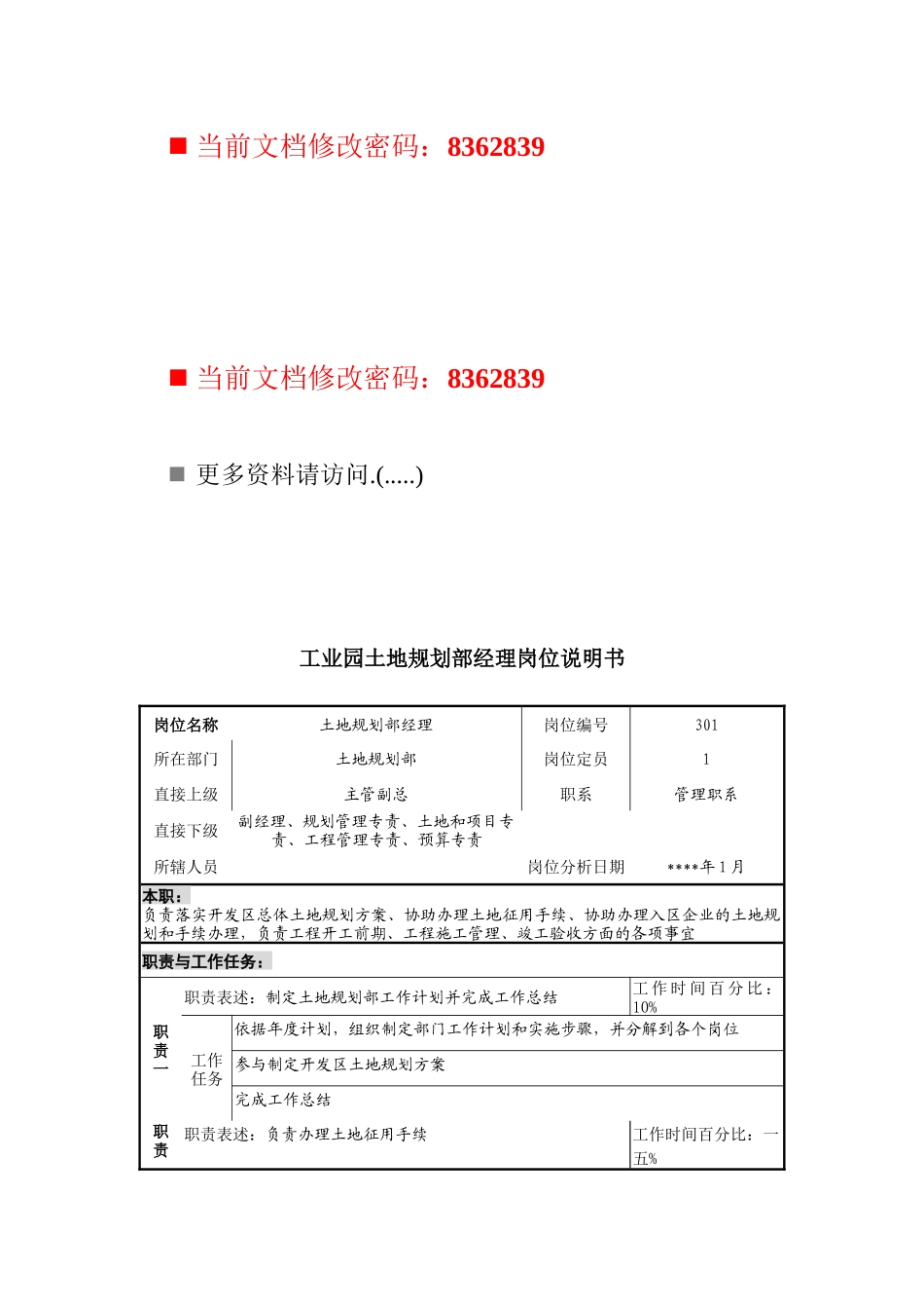 工业园土地规划部经理职务说明书_第1页