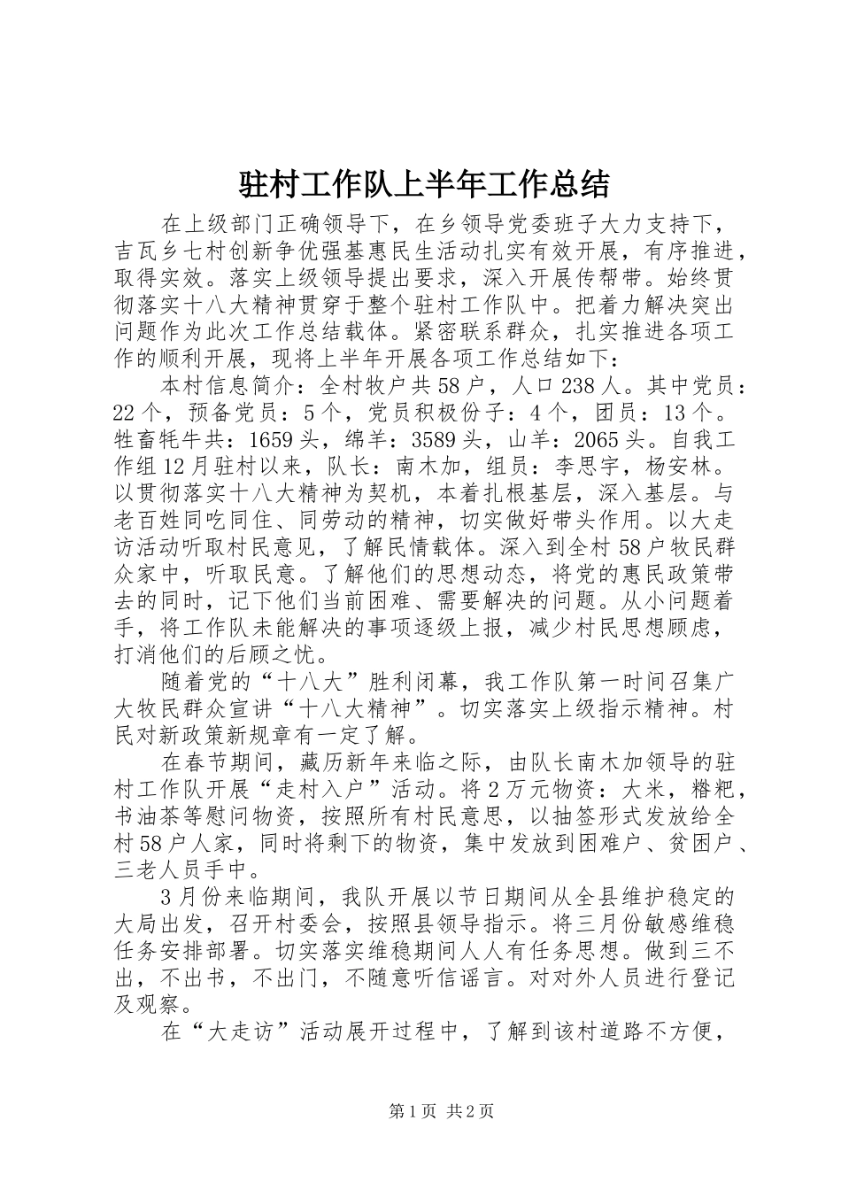 驻村工作队上半年工作总结_第1页