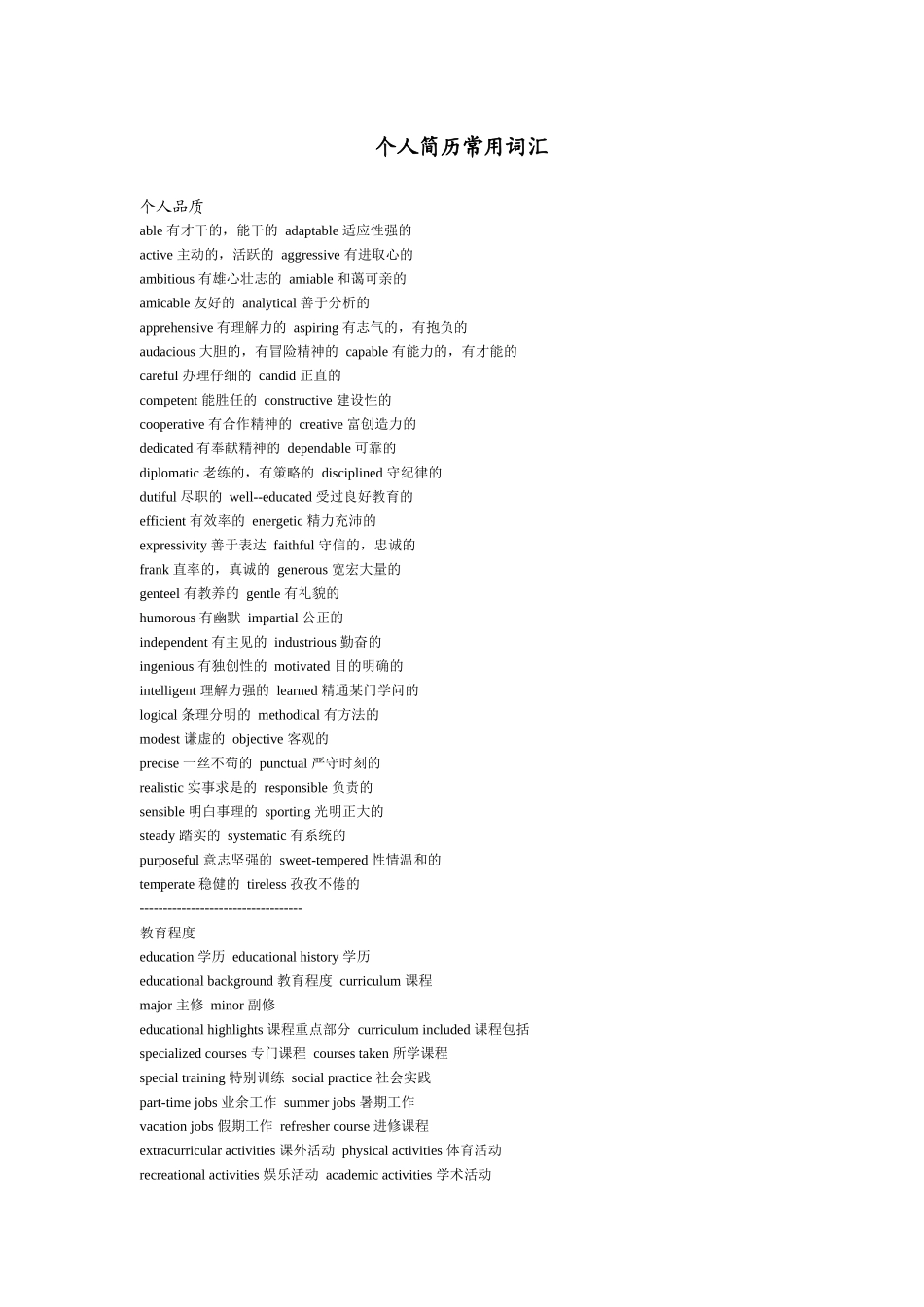 个人简历常用词汇9390231398_第1页