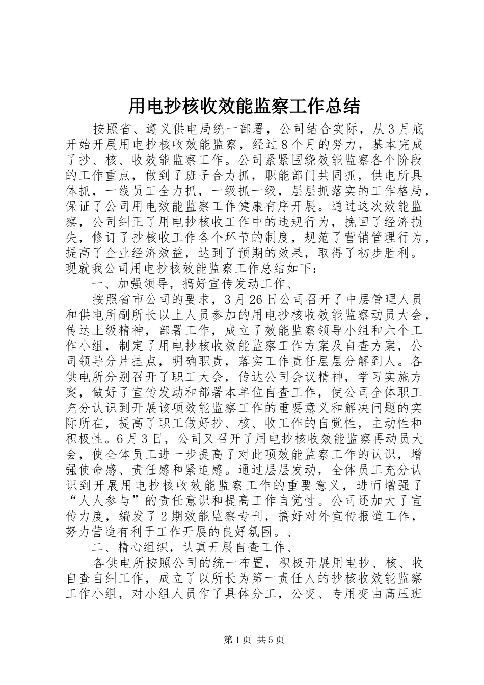用电抄核收效能监察工作总结_第1页