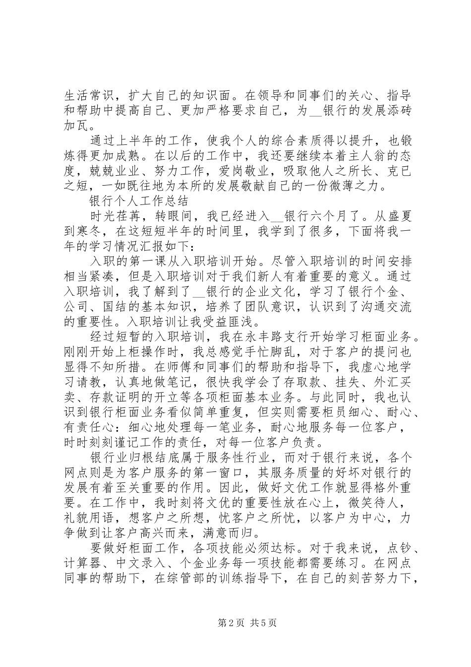 银行支行个人工作总结模板3篇_第2页