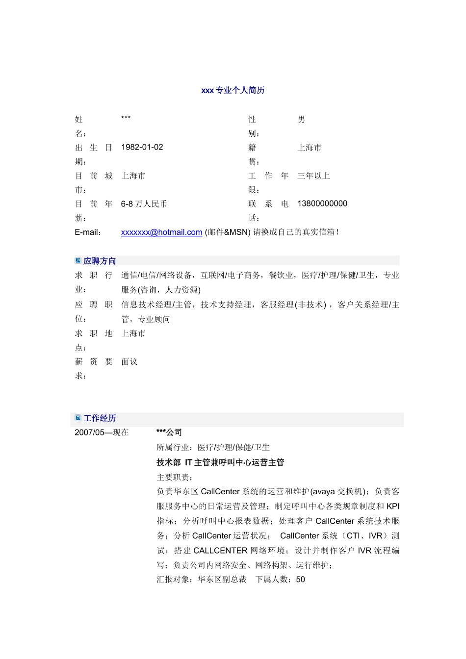 呼叫中心运营主管简历模板_第1页