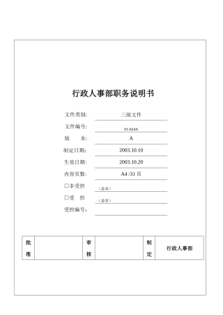 行政人事部门职务说明书