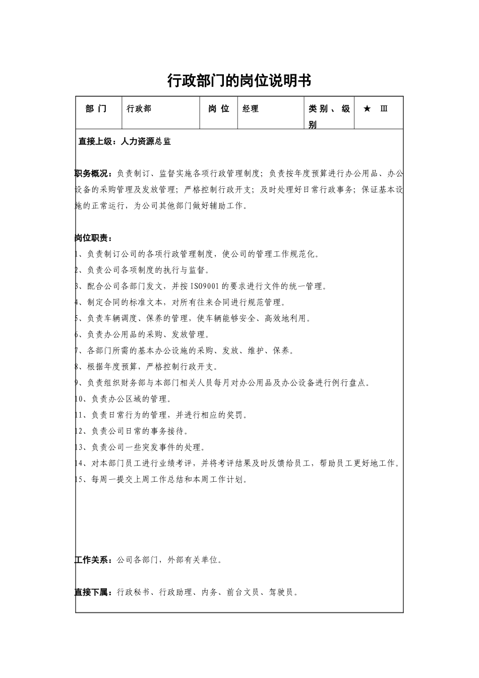 行政部门的岗位说明书_第1页