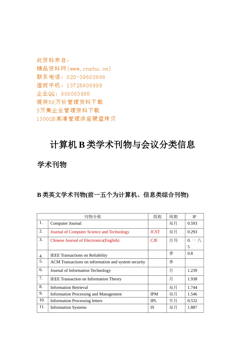 计算机B类学术刊物与会议分类信息_第1页