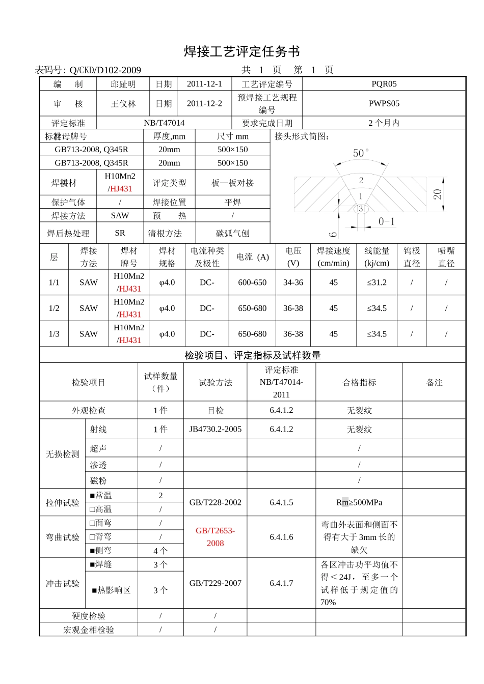 焊接工艺评定方法 PQR05 SAW 20mm Q345R_第2页