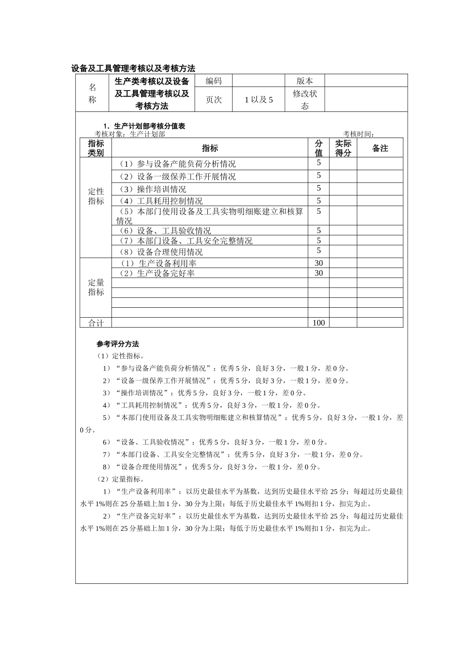 设备及工具管理考核以及考核方法_第1页