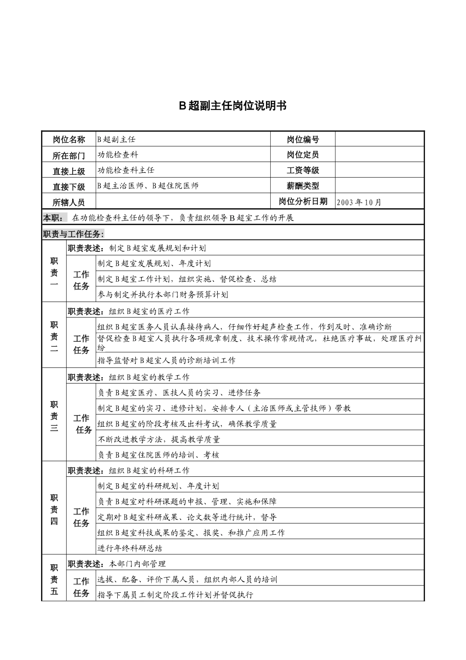 湖北新华医院功能检查科B超副主任岗位说明书_第1页