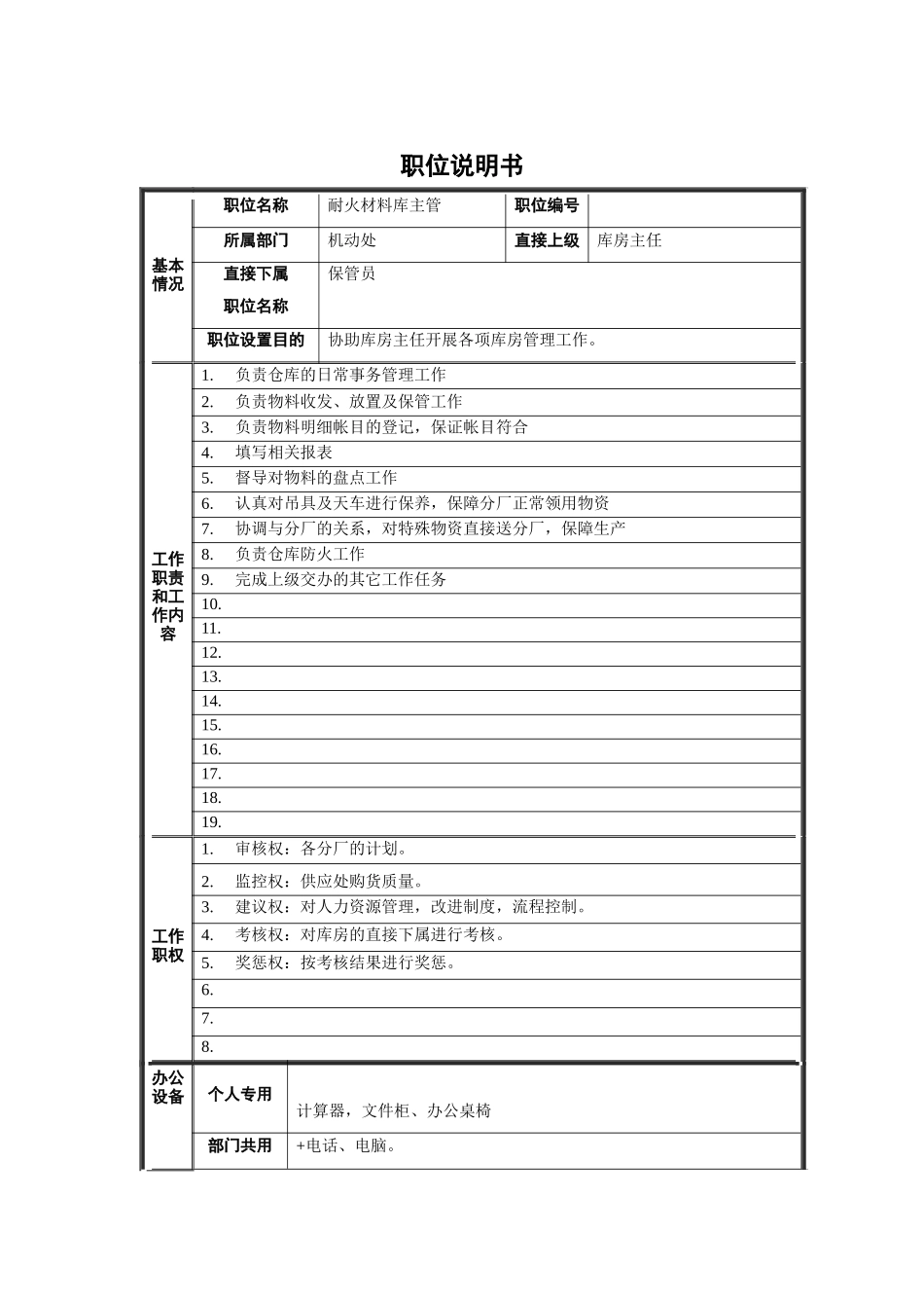 机动处耐火材料库主管职位说明书_第1页