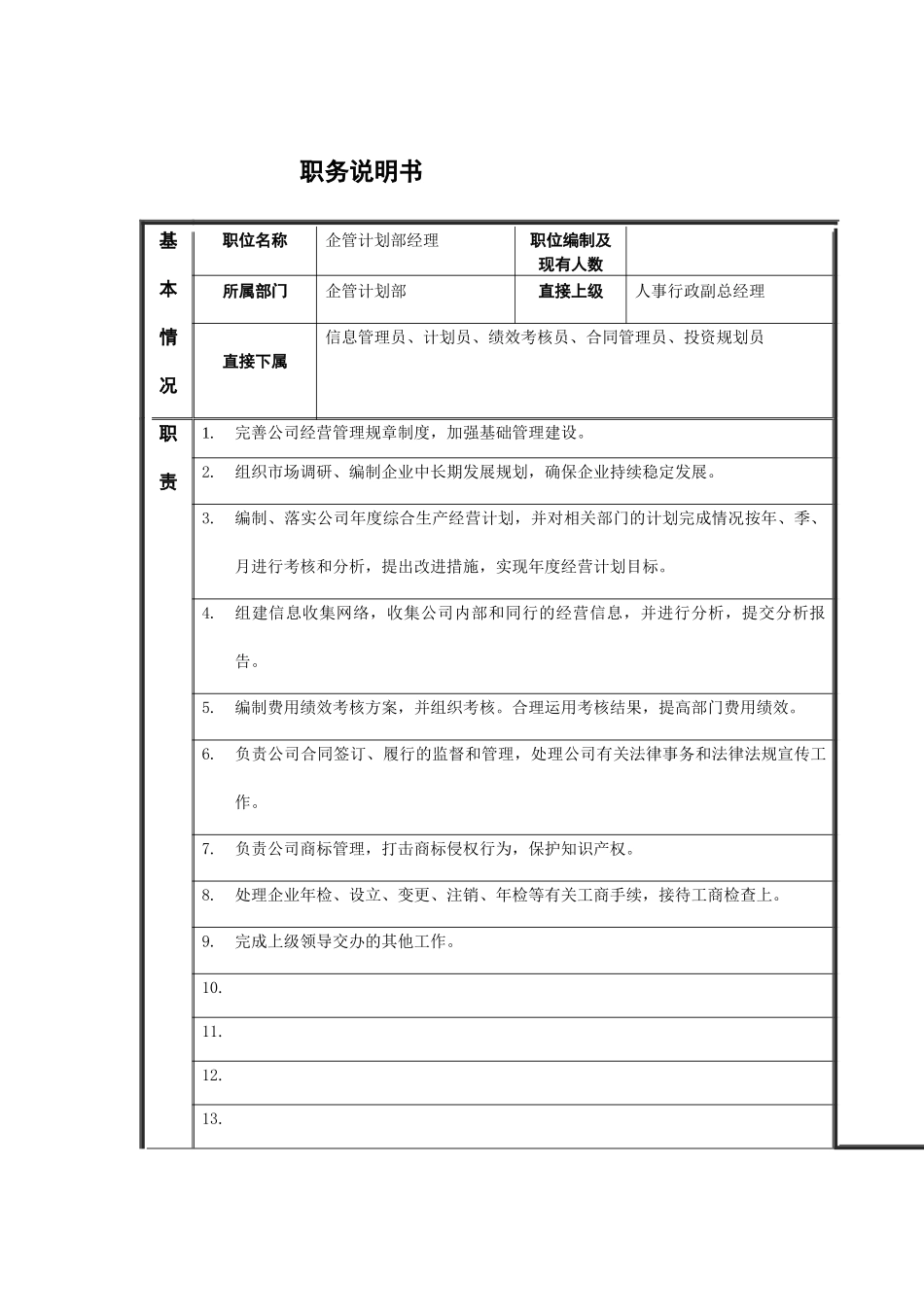 江动股份-企管计划部经理职位说明书_第1页