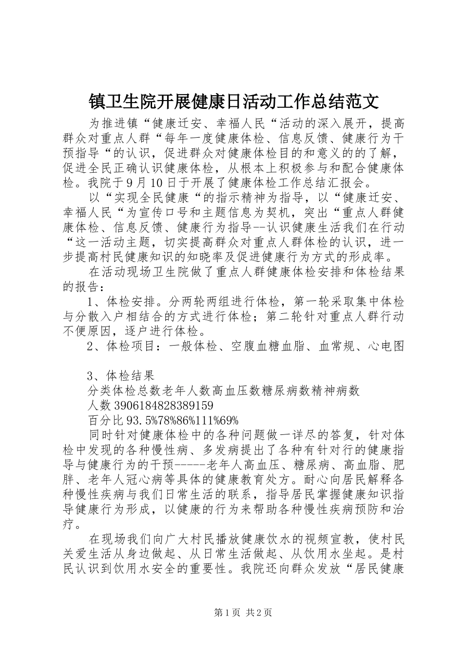 镇卫生院开展健康日活动工作总结范文_第1页