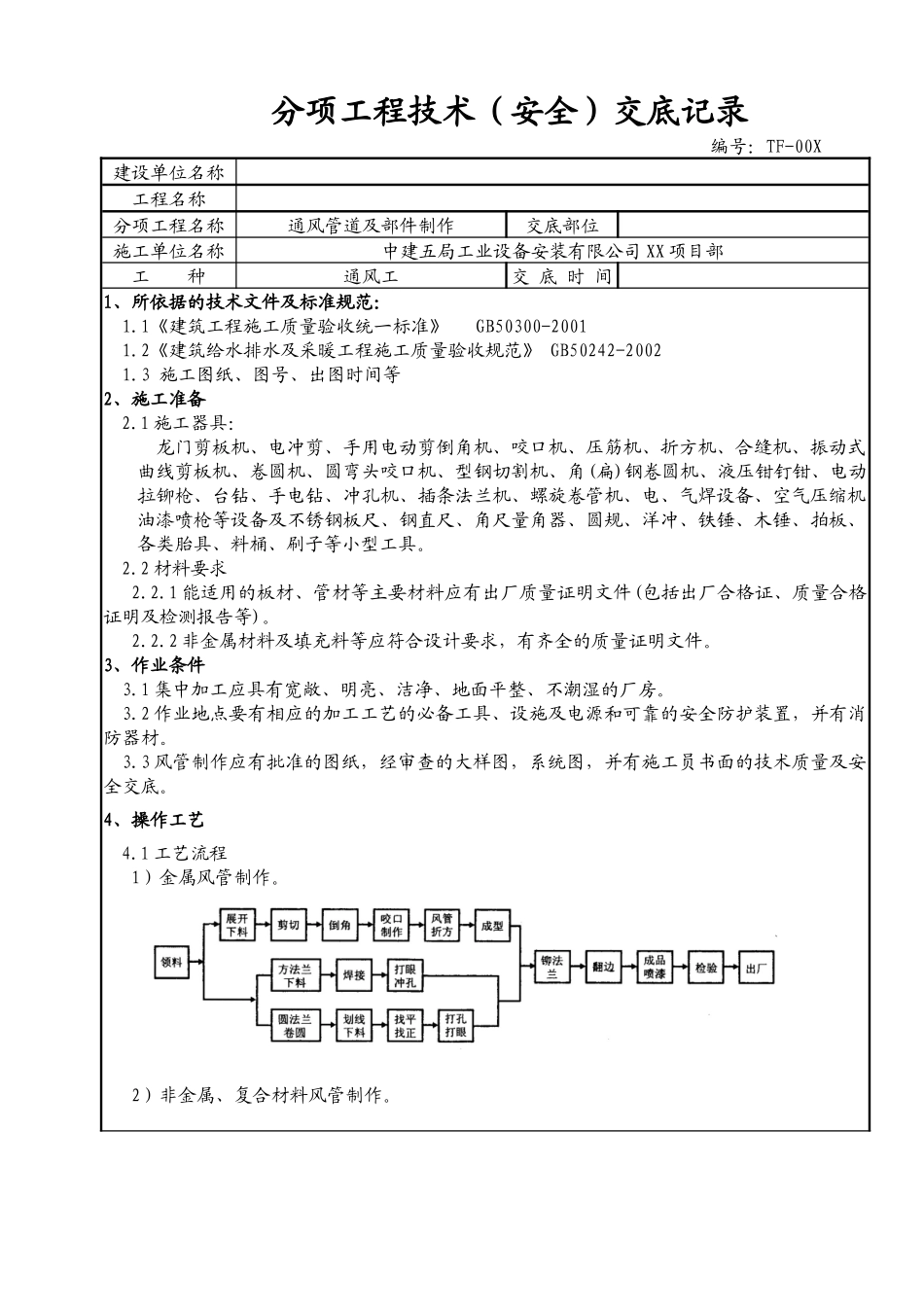通风管道及部件制作技术(安全)交底记录_第1页
