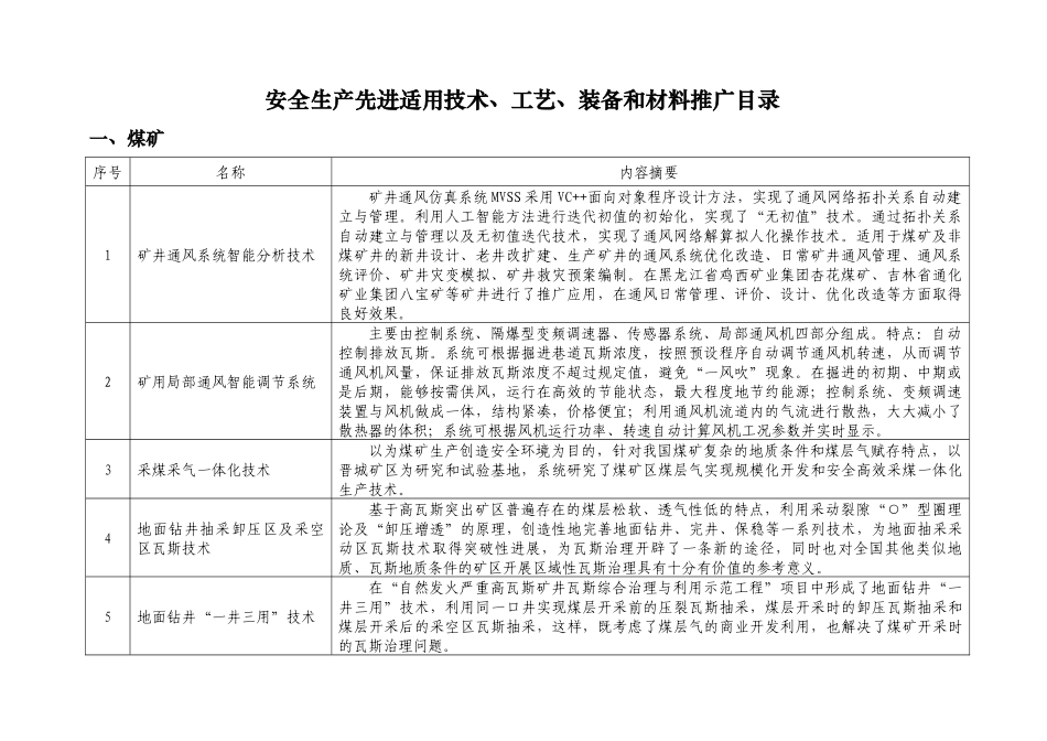 安全生产先进适用技术、工艺、装备和材料推广目录-国家安全_第1页