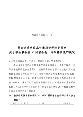 技术职业学院委员会关于学生 会社团联合会干部职务任免的决定