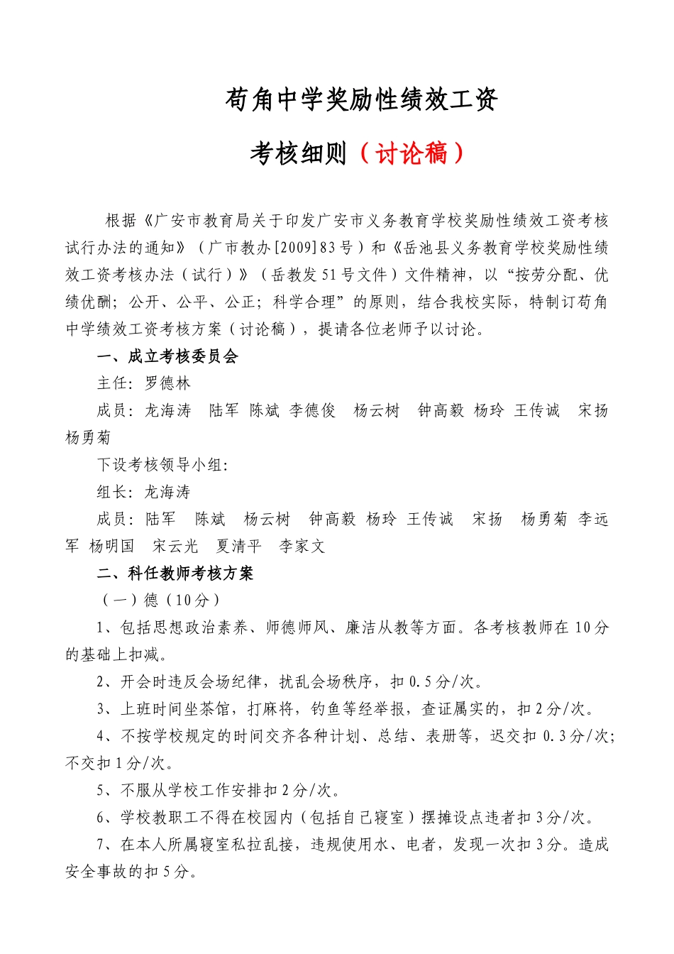 苟角中学奖励性绩效工资考核细则(讨论稿)_第1页