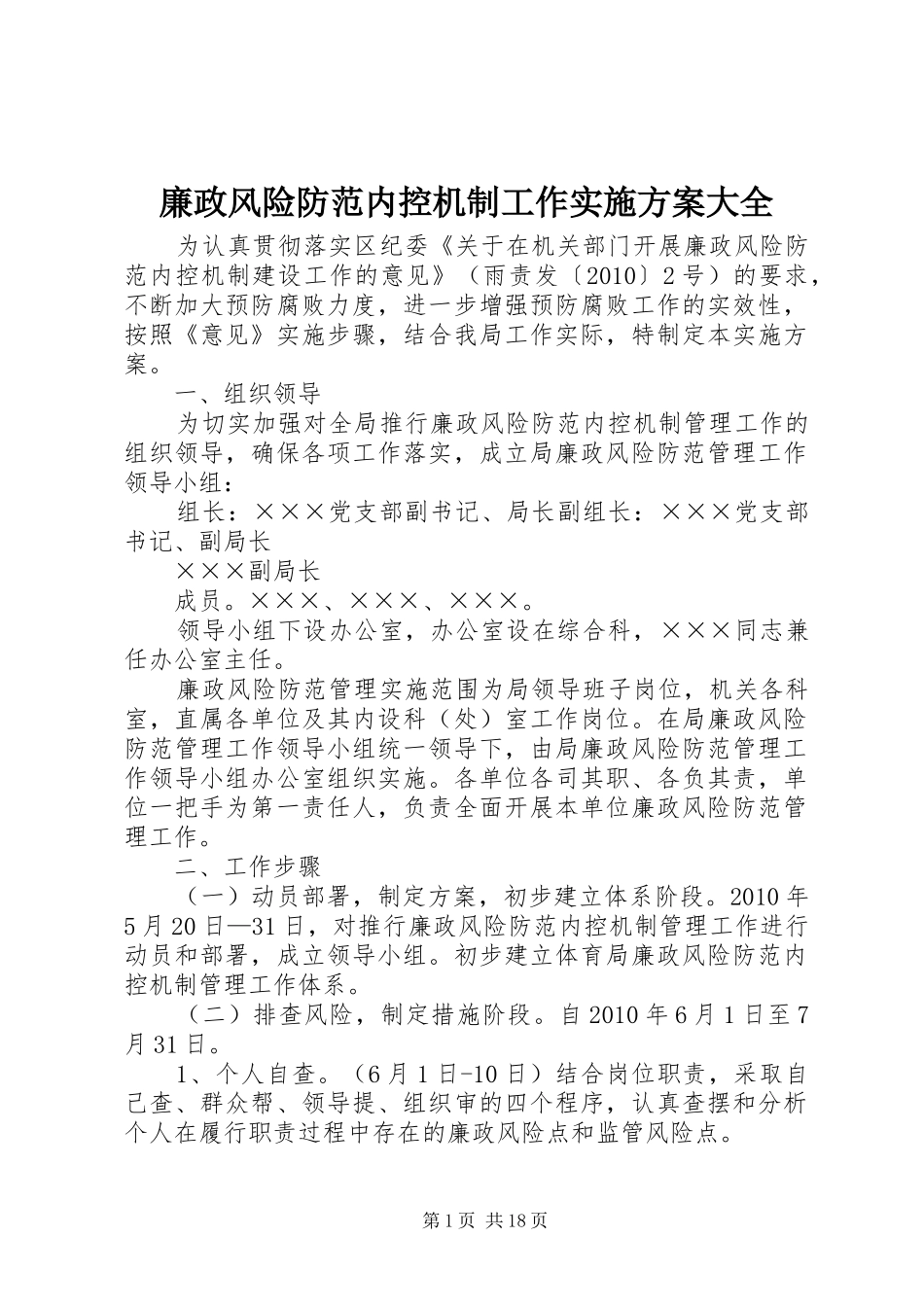 廉政风险防范内控机制工作实施方案大全_第1页