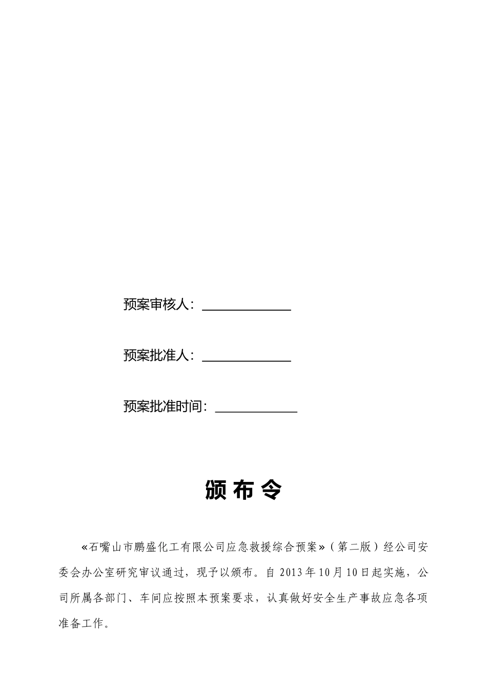 石嘴山市鹏盛化工有限公司安全生产事故综合救援预案_第2页