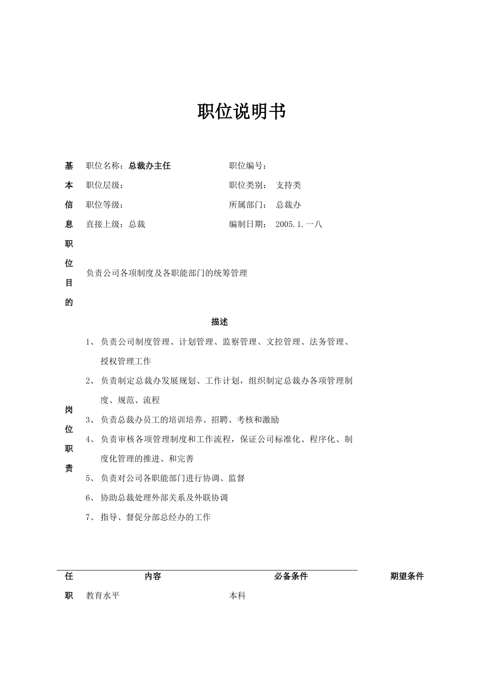 公司总部总办职位说明书_第1页