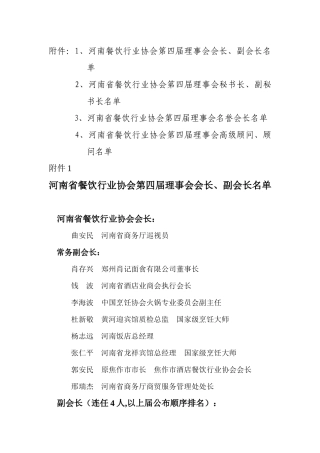 河南省餐饮行业协会第四届理事会会长、副会长、秘书长、副秘书长