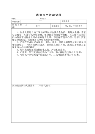 焊工班前安全活动记录(41页)