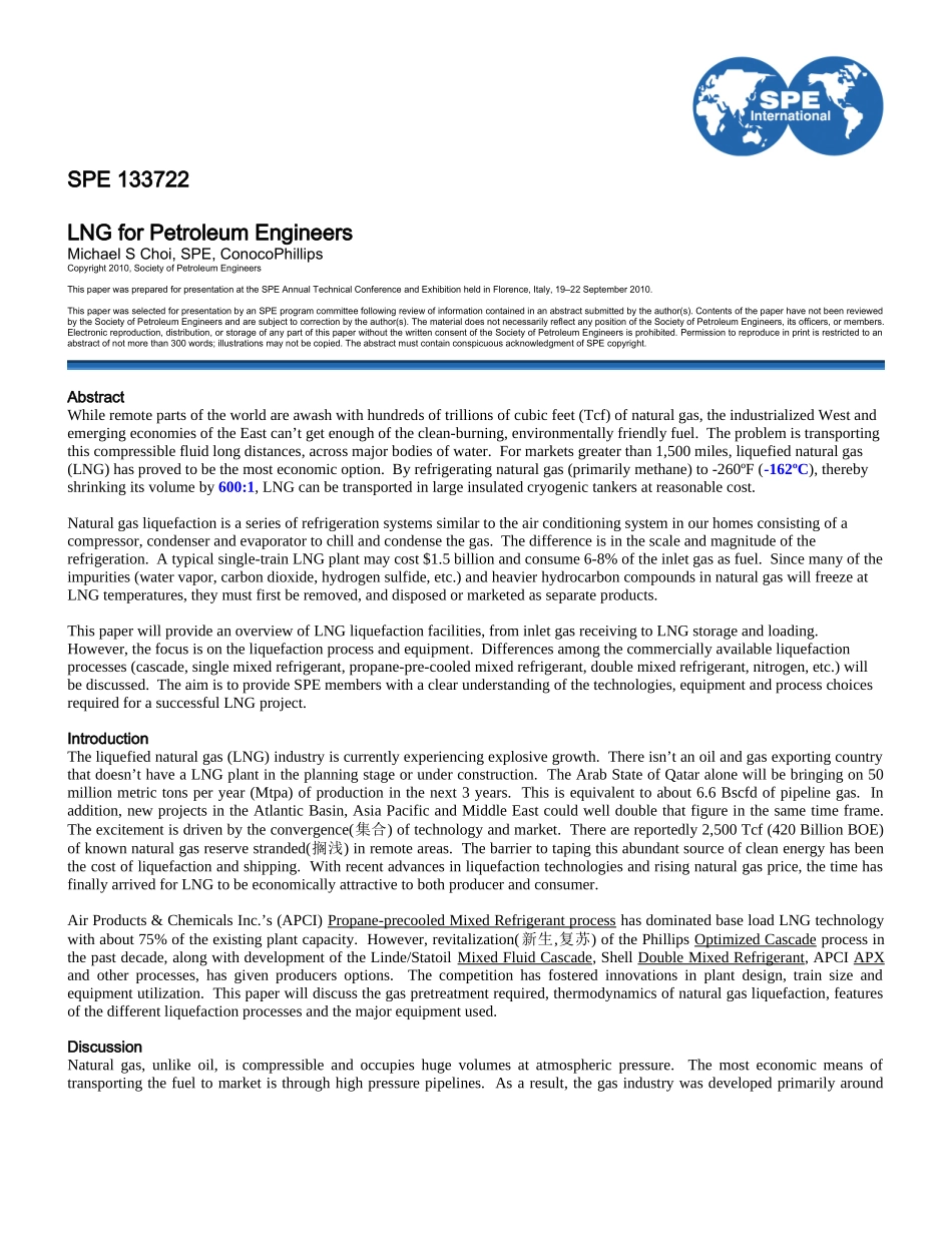美国石油工程师协会-LNG工艺介绍 LNG for PE Paper - SPE 133722_第1页