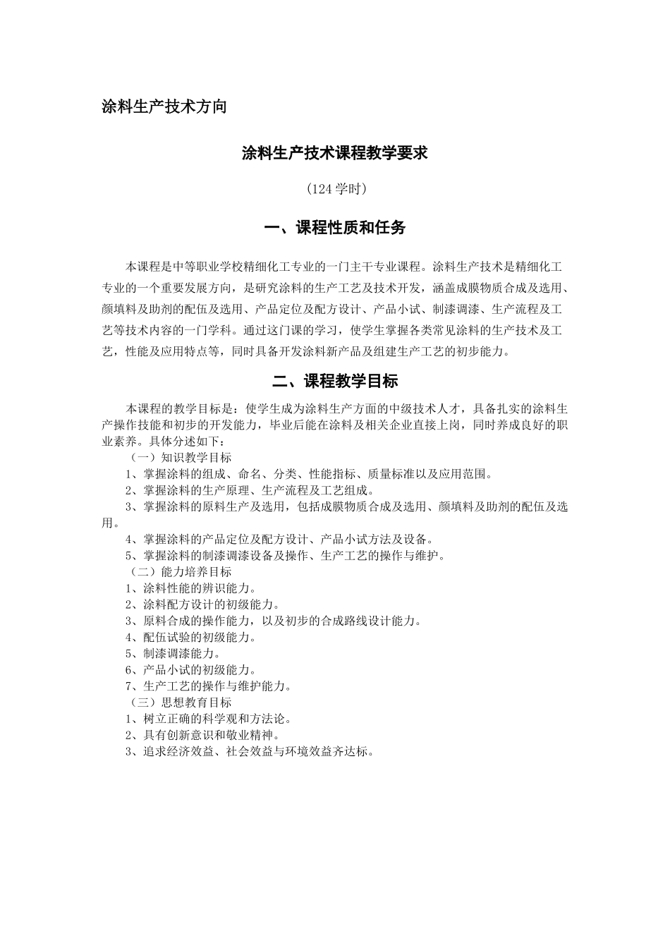 涂料生产技术方向教学大纲_第1页
